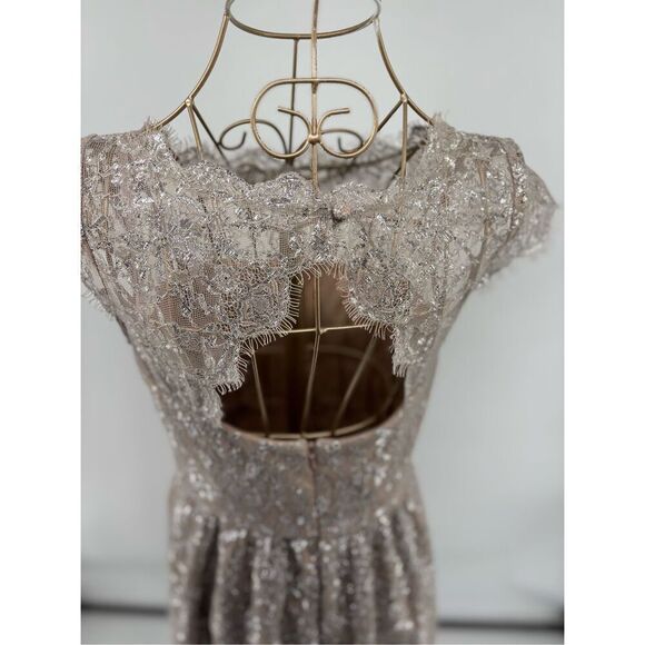 Aidan Mattox Metallic Lace Short Dress Size 2 Silver Blush Pockets Evening - Picture 6 of 12